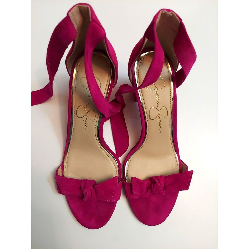 Jessica Simpson Fuchsia Pink Chunky Heels Tie Ankle Strap Bows Suede Sz 7